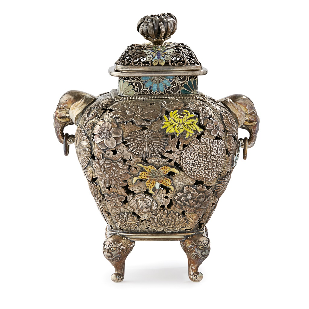 SILVER AND CLOISONNÉ ENAMEL 'MILLEFLEUR' CENSER AND COVER